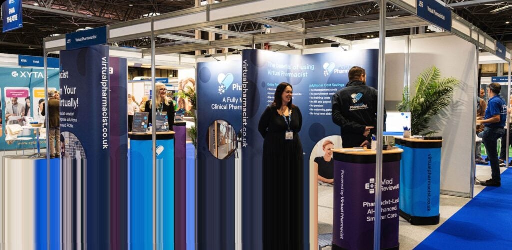 Virtual Pharmacist team at a healthcare exhibition offering remote clinical pharmacist services
