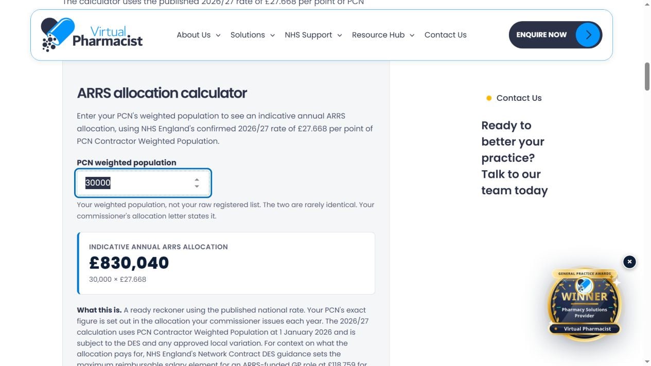 The Virtual Pharmacist ARRS allocation calculator with a weighted population of 30,000 entered, returning an indicative annual allocation of £830,040