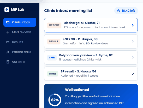 The Medicine in Practice clinic simulator showing a morning inbox with a discharge letter, a results item, a polypharmacy review and scored feedback on an actioned interaction